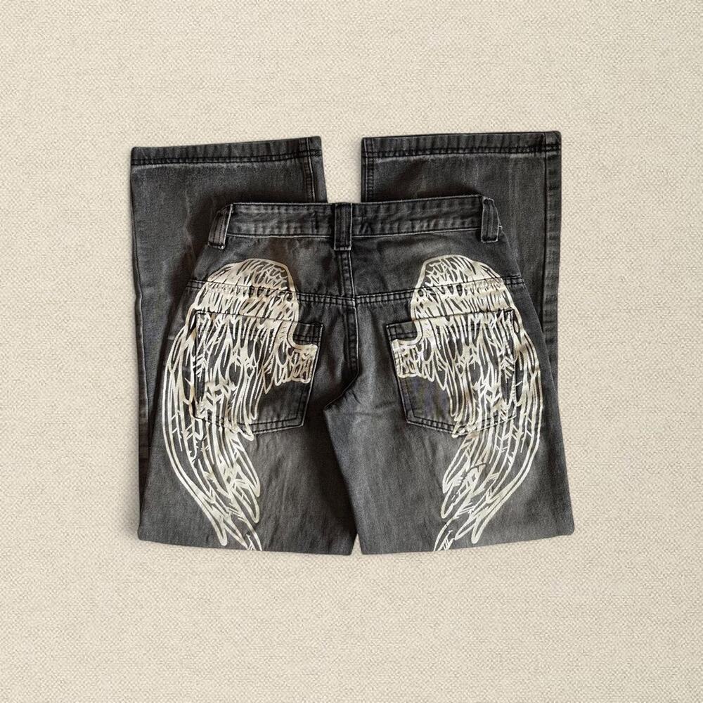 Y2K Faded Grey Jeans White Angel Wing Graphic sz 3 Disclosure